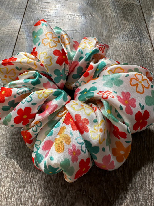 Retro Vintage Colorful Flower Oversized Jumbo XL Satin Scrunchie | Bridal Gift | Bridesmaid Gift | Gifts for Her