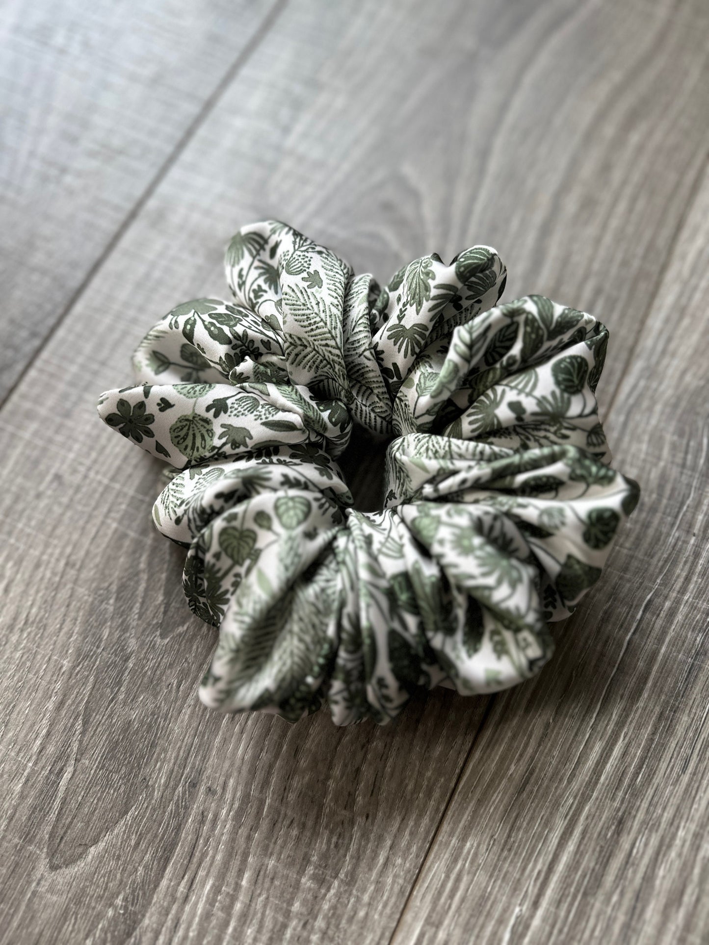 Green and White Plant Print Boho Oversized Jumbo XL Satin Scrunchie | Bridal Gift | Bridesmaid Gift | Gifts for Her
