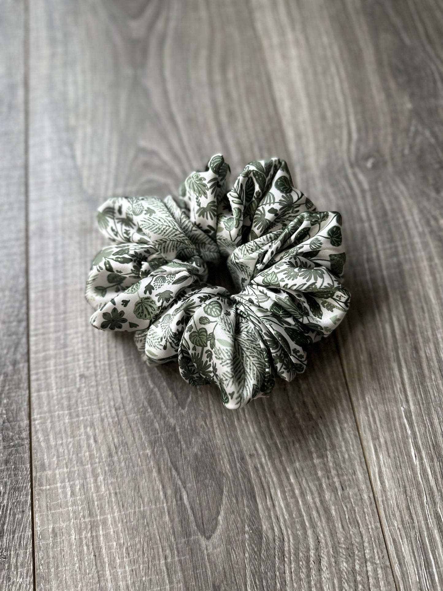 Green and White Plant Print Boho Oversized Jumbo XL Satin Scrunchie | Bridal Gift | Bridesmaid Gift | Gifts for Her