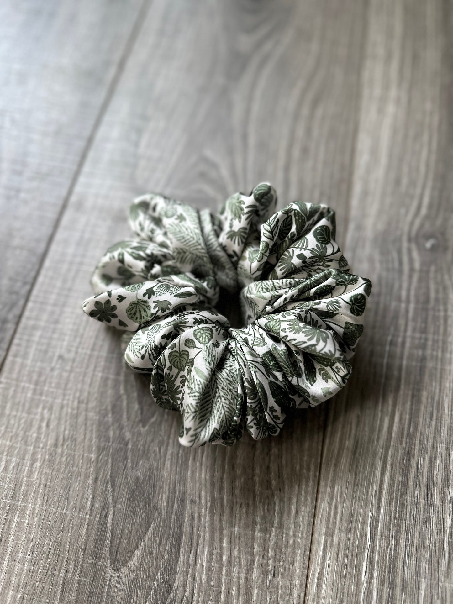 Green and White Plant Print Boho Oversized Jumbo XL Satin Scrunchie | Bridal Gift | Bridesmaid Gift | Gifts for Her