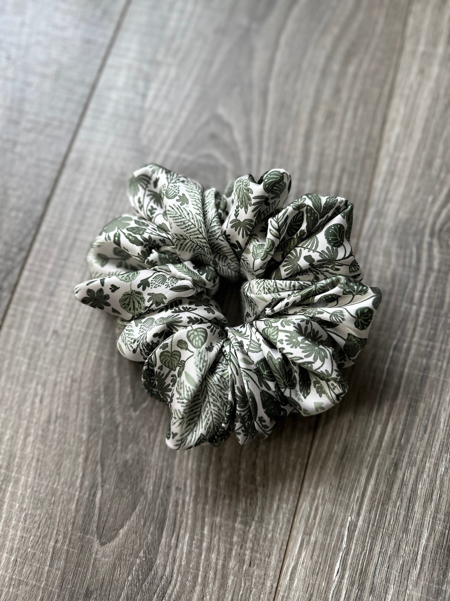 Green and White Plant Print Boho Oversized Jumbo XL Satin Scrunchie | Bridal Gift | Bridesmaid Gift | Gifts for Her