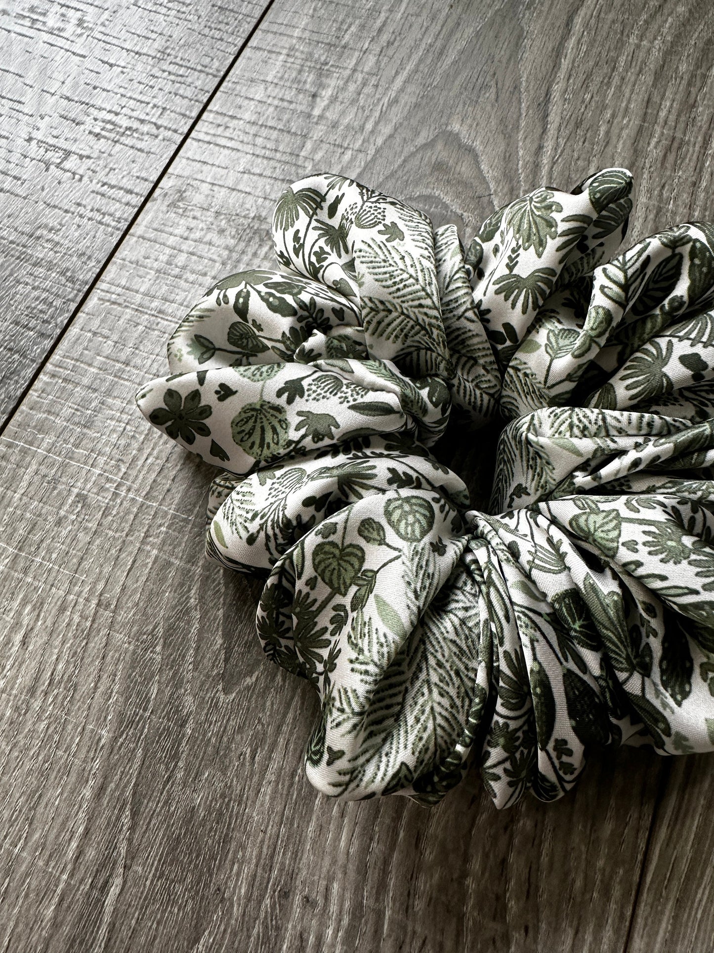 Green and White Plant Print Boho Oversized Jumbo XL Satin Scrunchie | Bridal Gift | Bridesmaid Gift | Gifts for Her