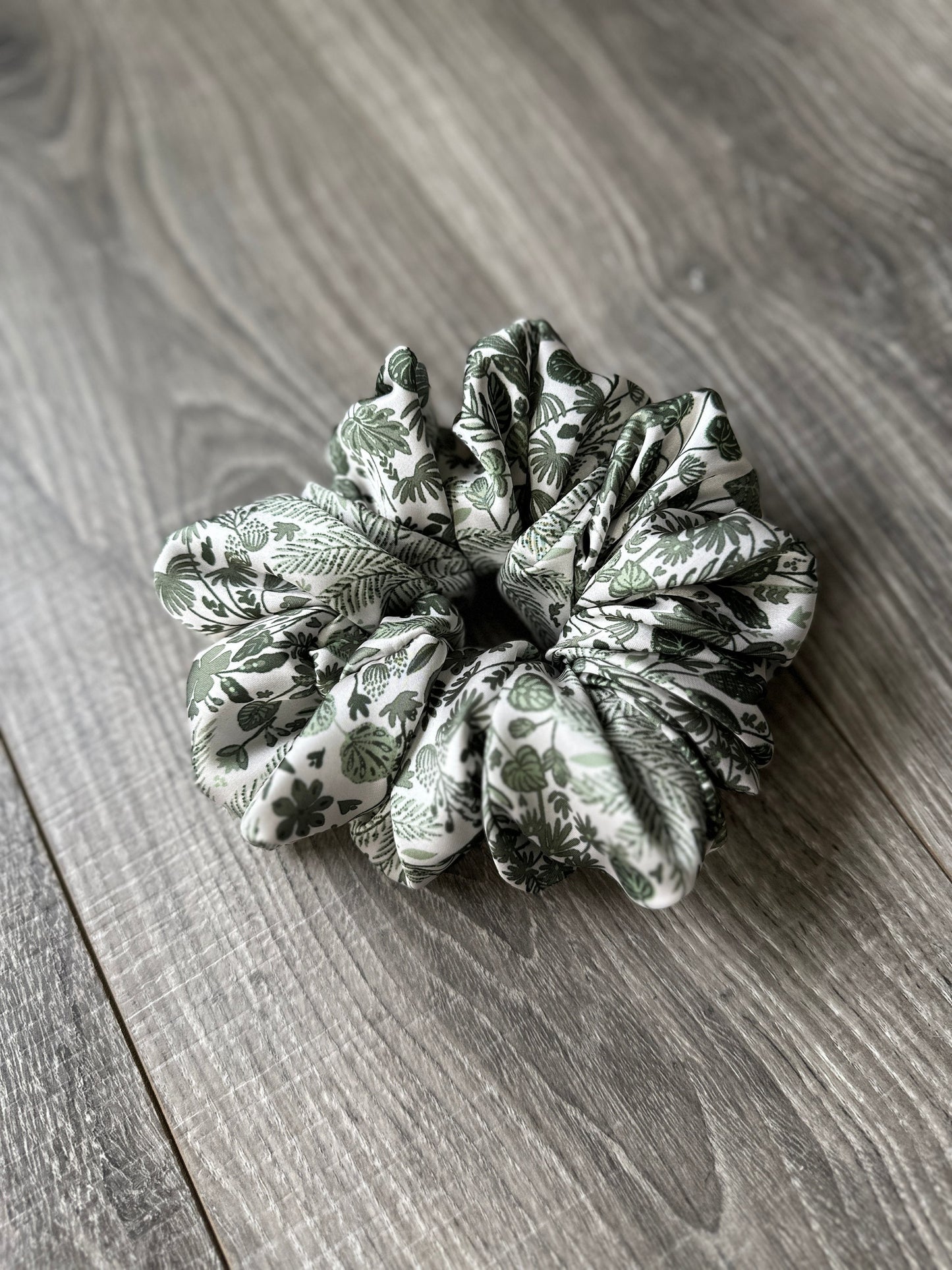 Green and White Plant Print Boho Oversized Jumbo XL Satin Scrunchie | Bridal Gift | Bridesmaid Gift | Gifts for Her