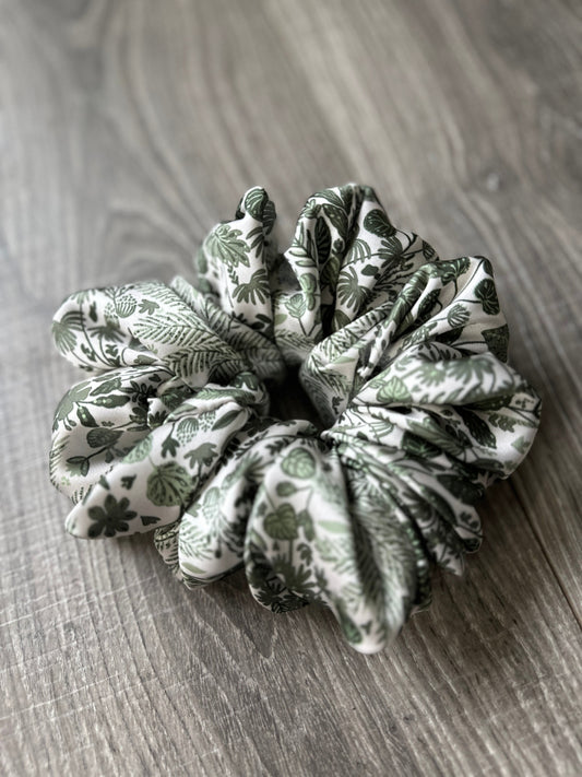 Green and White Plant Print Boho Oversized Jumbo XL Satin Scrunchie | Bridal Gift | Bridesmaid Gift | Gifts for Her