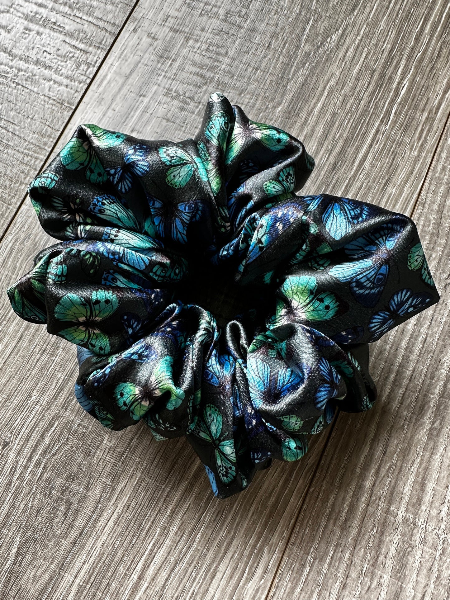 Black and Blue Butterfly Oversized Jumbo XL Satin Scrunchie | Bridal Gift | Bridesmaid Gift | Gifts for Her