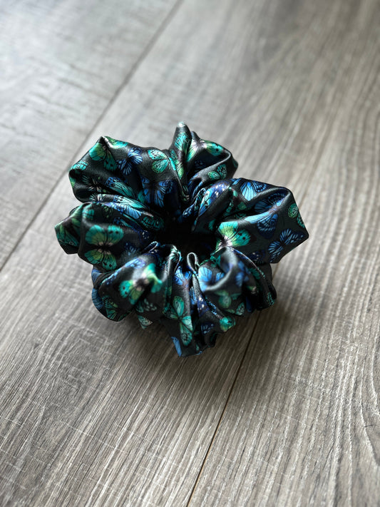 Black and Blue Butterfly Oversized Jumbo XL Satin Scrunchie | Bridal Gift | Bridesmaid Gift | Gifts for Her