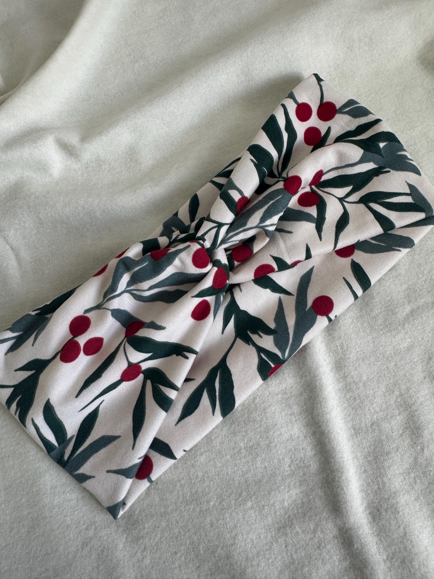 Holly Holiday Christmas Print Twist |Green and White Botanical Plant Print Headband | Hard Headband | Hair Wrap|Headband for Women and Girls