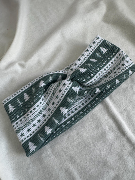 Holiday Christmas Tree Print Twist Headband |Green and White Botanical Headband | Hard Headband | Hair Wrap | Headband for Women and Girls