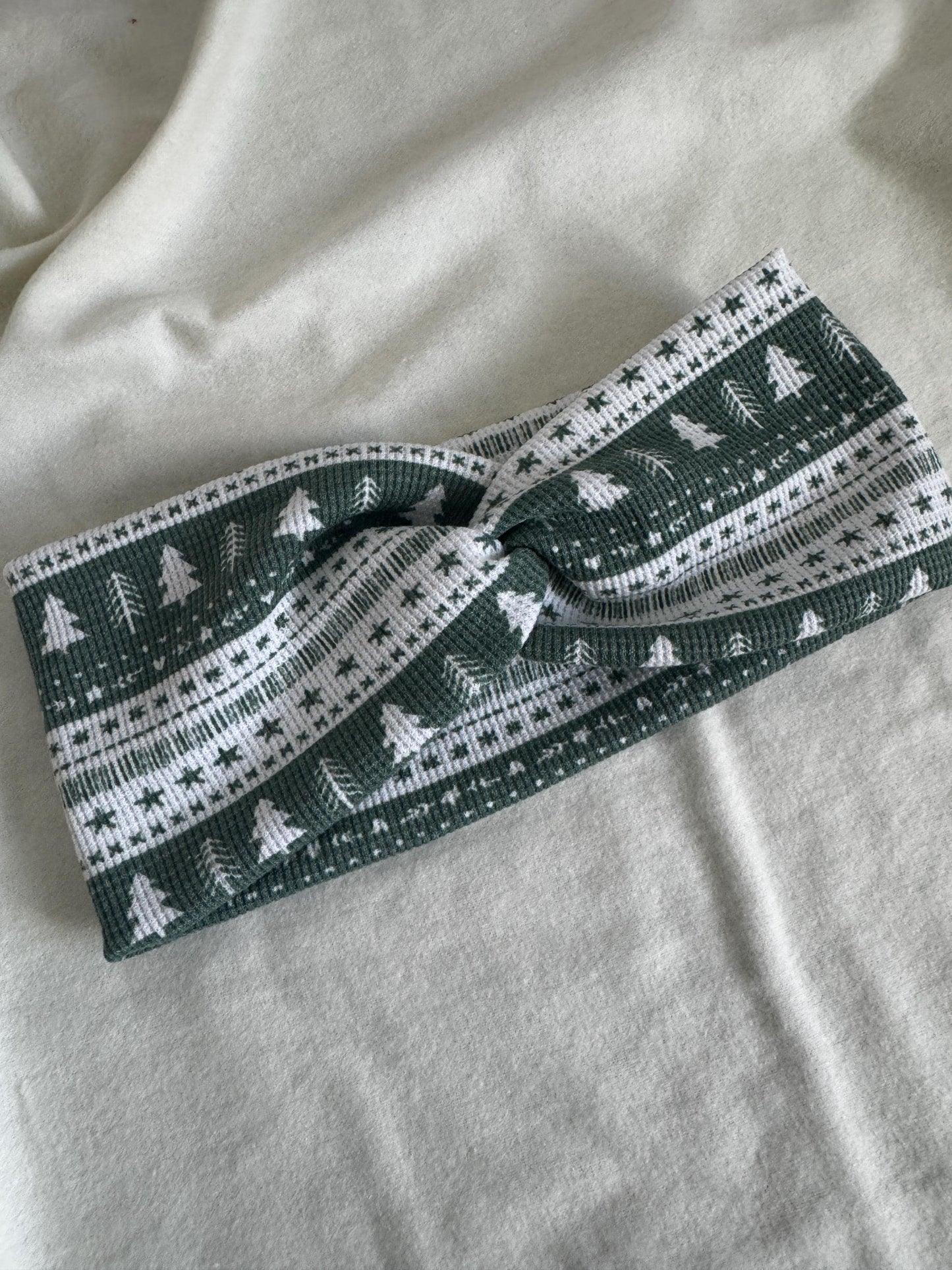 Holiday Christmas Tree Print Twist Headband |Green and White Botanical Headband | Hard Headband | Hair Wrap | Headband for Women and Girls