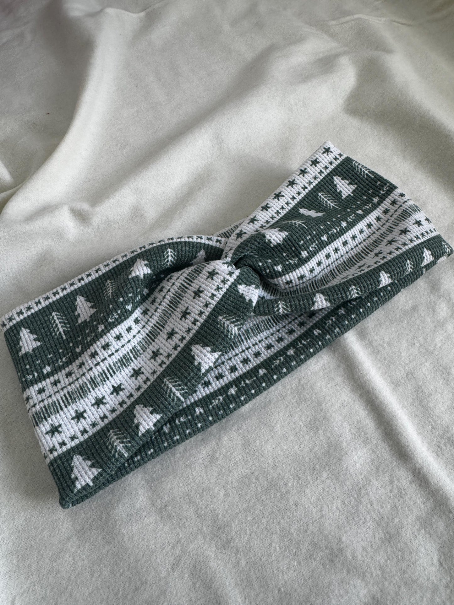 Holiday Christmas Tree Print Twist Headband |Green and White Botanical Headband | Hard Headband | Hair Wrap | Headband for Women and Girls