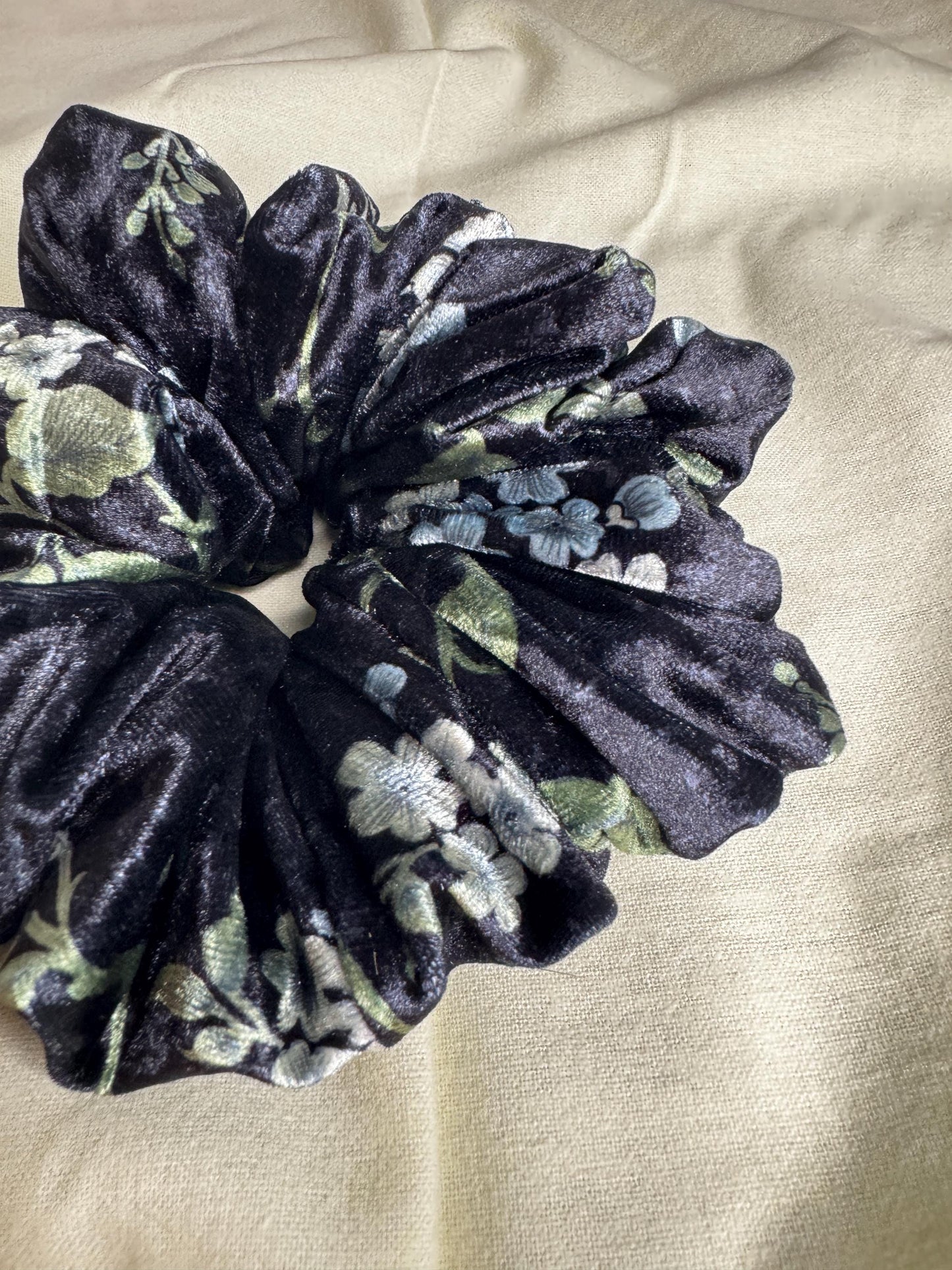Black and Blue Floral Velvet Oversized Jumbo XL Scrunchie | Bridal Gift | Bridesmaid Gift | Gifts for Her