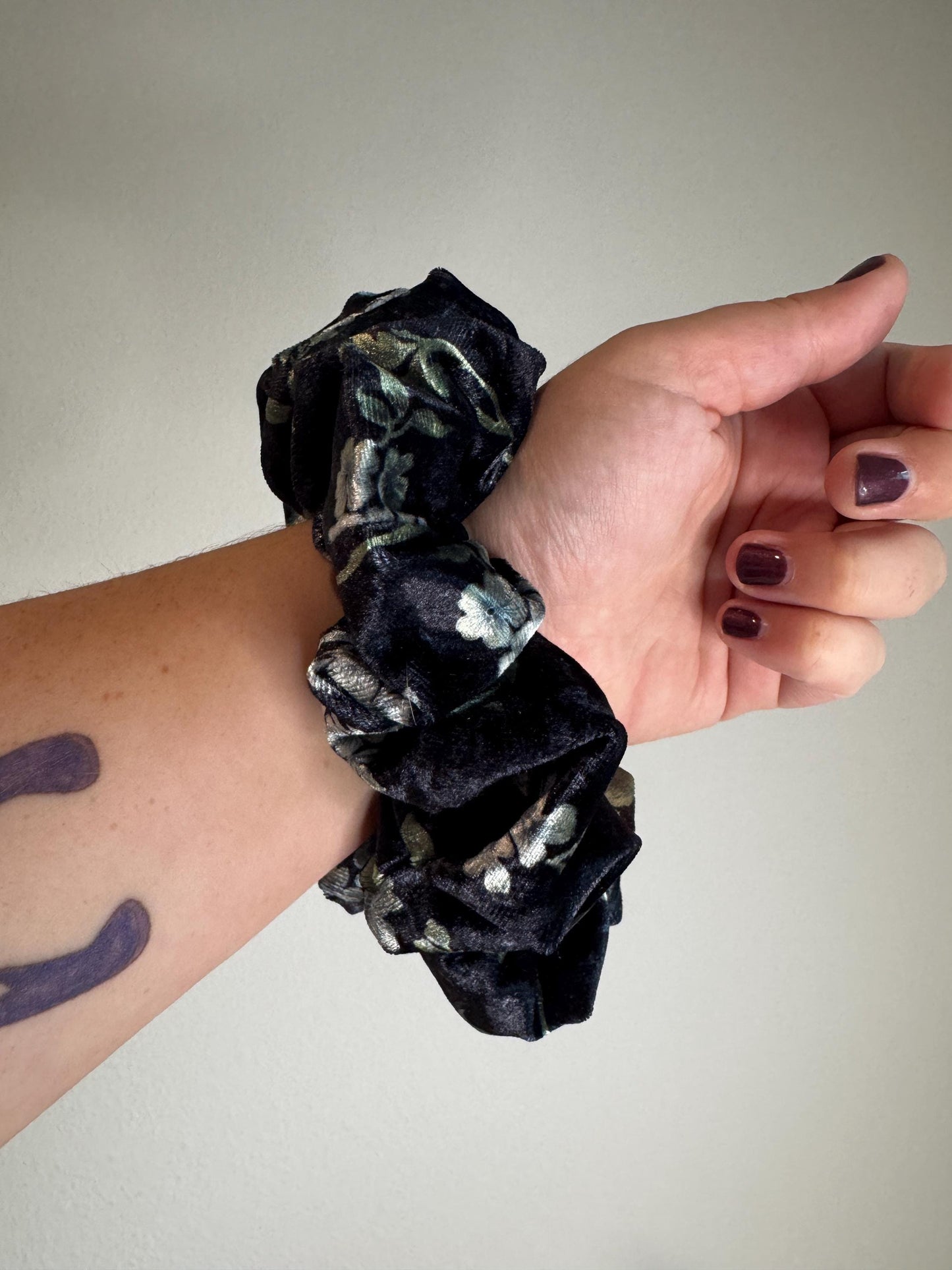 Black and Blue Floral Velvet Oversized Jumbo XL Scrunchie | Bridal Gift | Bridesmaid Gift | Gifts for Her