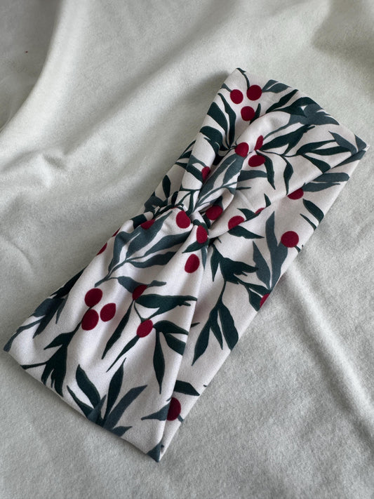 Holly Holiday Christmas Print Twist |Green and White Botanical Plant Print Headband | Hard Headband | Hair Wrap|Headband for Women and Girls