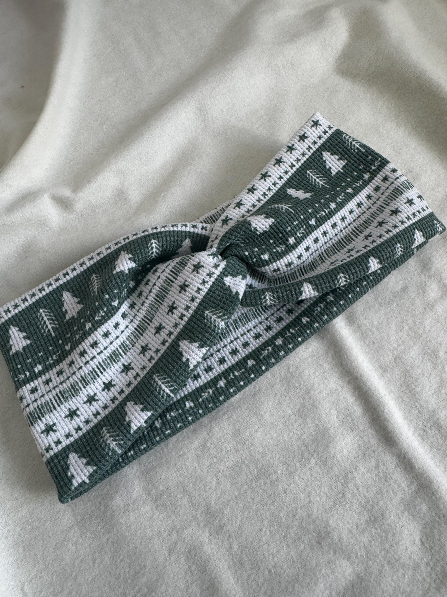 Holiday Christmas Tree Print Twist Headband |Green and White Botanical Headband | Hard Headband | Hair Wrap | Headband for Women and Girls
