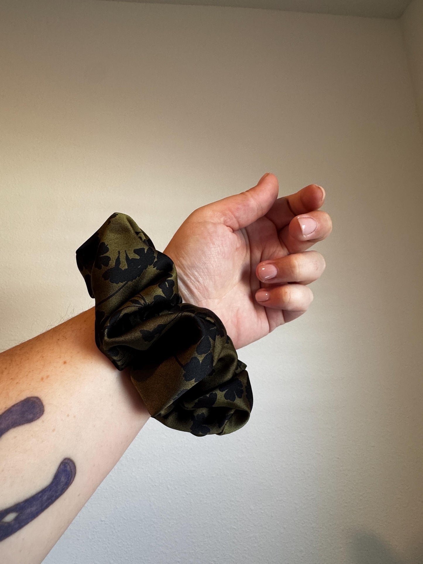 Green and Black Botanical Floral Oversized Jumbo XL Satin Scrunchie | Bridal Gifts | Bridesmaid Gift | Gifts for Her