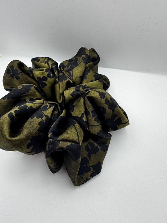 Green and Black Botanical Floral Oversized Jumbo XL Satin Scrunchie | Bridal Gifts | Bridesmaid Gift | Gifts for Her