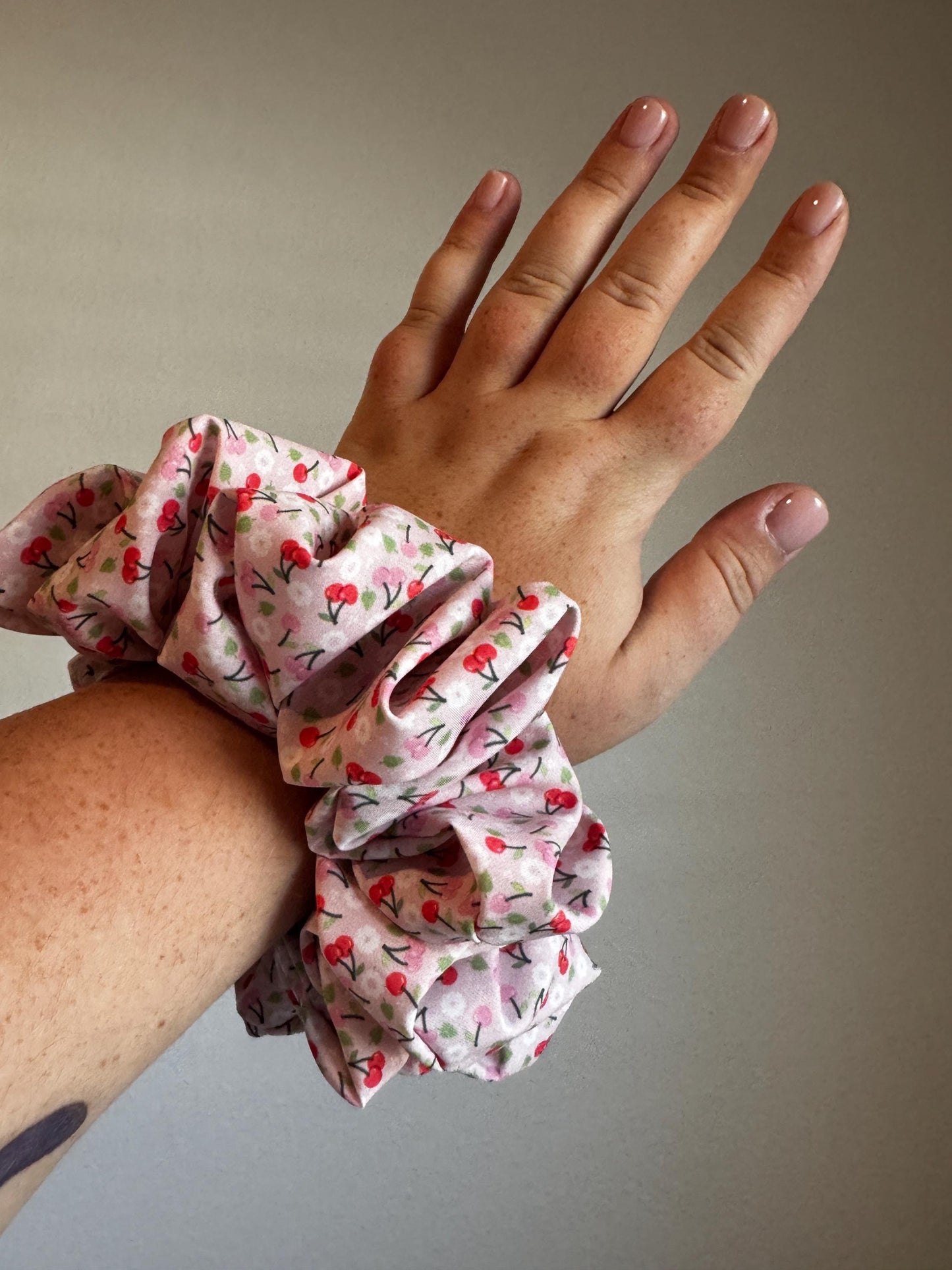 Pink and Red Valentine Cherry Oversized Jumbo XL Satin Scrunchie | Bridal Gifts | Bridesmaid Gift | Gifts for Her