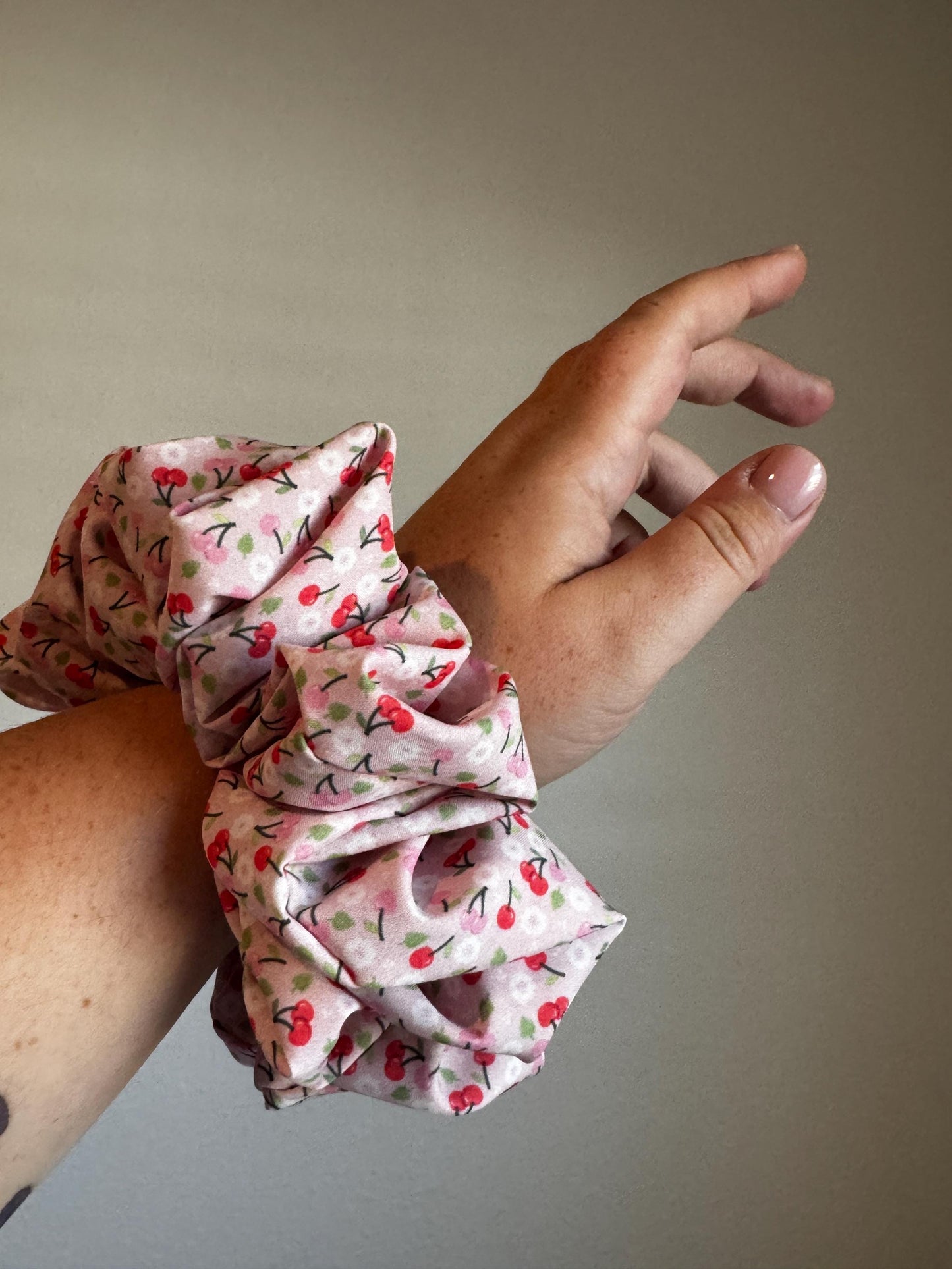 Pink and Red Valentine Cherry Oversized Jumbo XL Satin Scrunchie | Bridal Gifts | Bridesmaid Gift | Gifts for Her