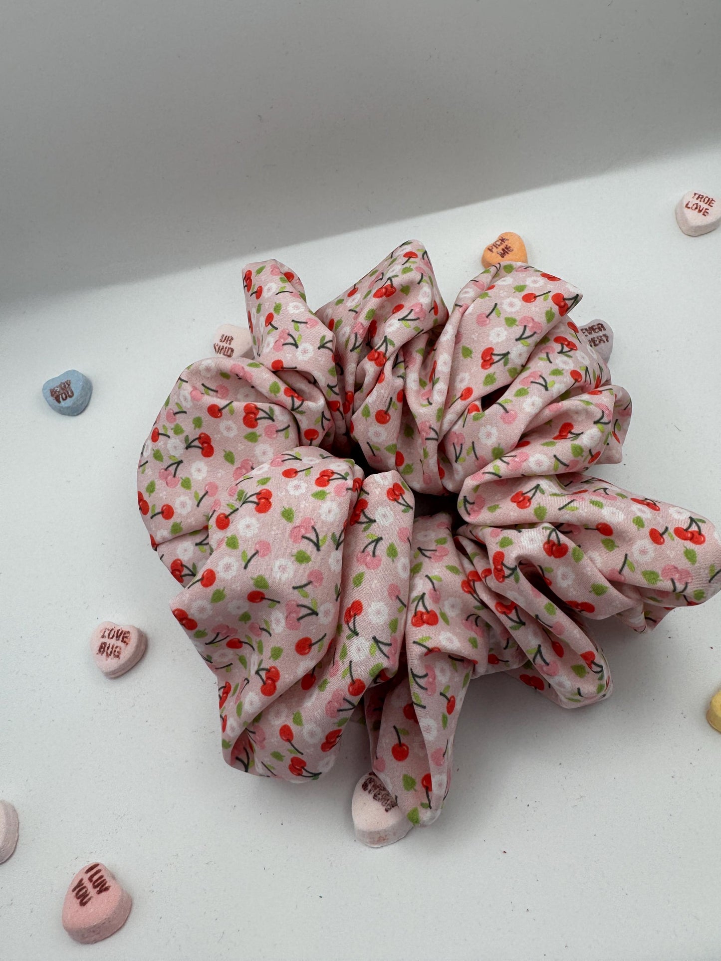 Pink and Red Valentine Cherry Oversized Jumbo XL Satin Scrunchie | Bridal Gifts | Bridesmaid Gift | Gifts for Her