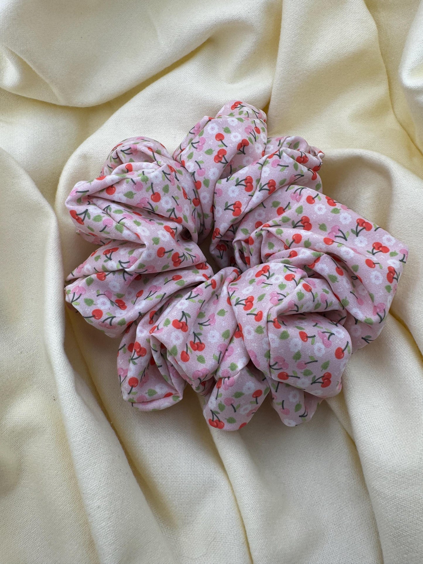 Pink and Red Valentine Cherry Oversized Jumbo XL Satin Scrunchie | Bridal Gifts | Bridesmaid Gift | Gifts for Her