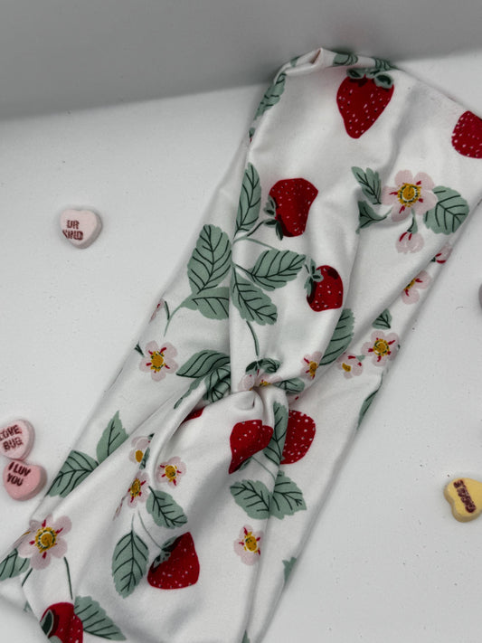 White Strawberry Botanical Plant Print Twist Headband |Soft Headband | Hair Wrap | Headband for Women and Girls