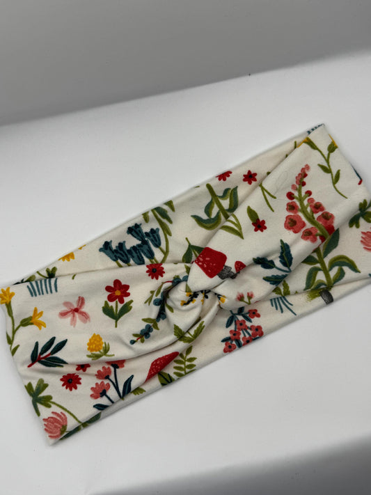 White Floral Mushroom Botanical Plant Print Twist Headband | Soft Headband | Hair Wrap | Headband for Women and Girls
