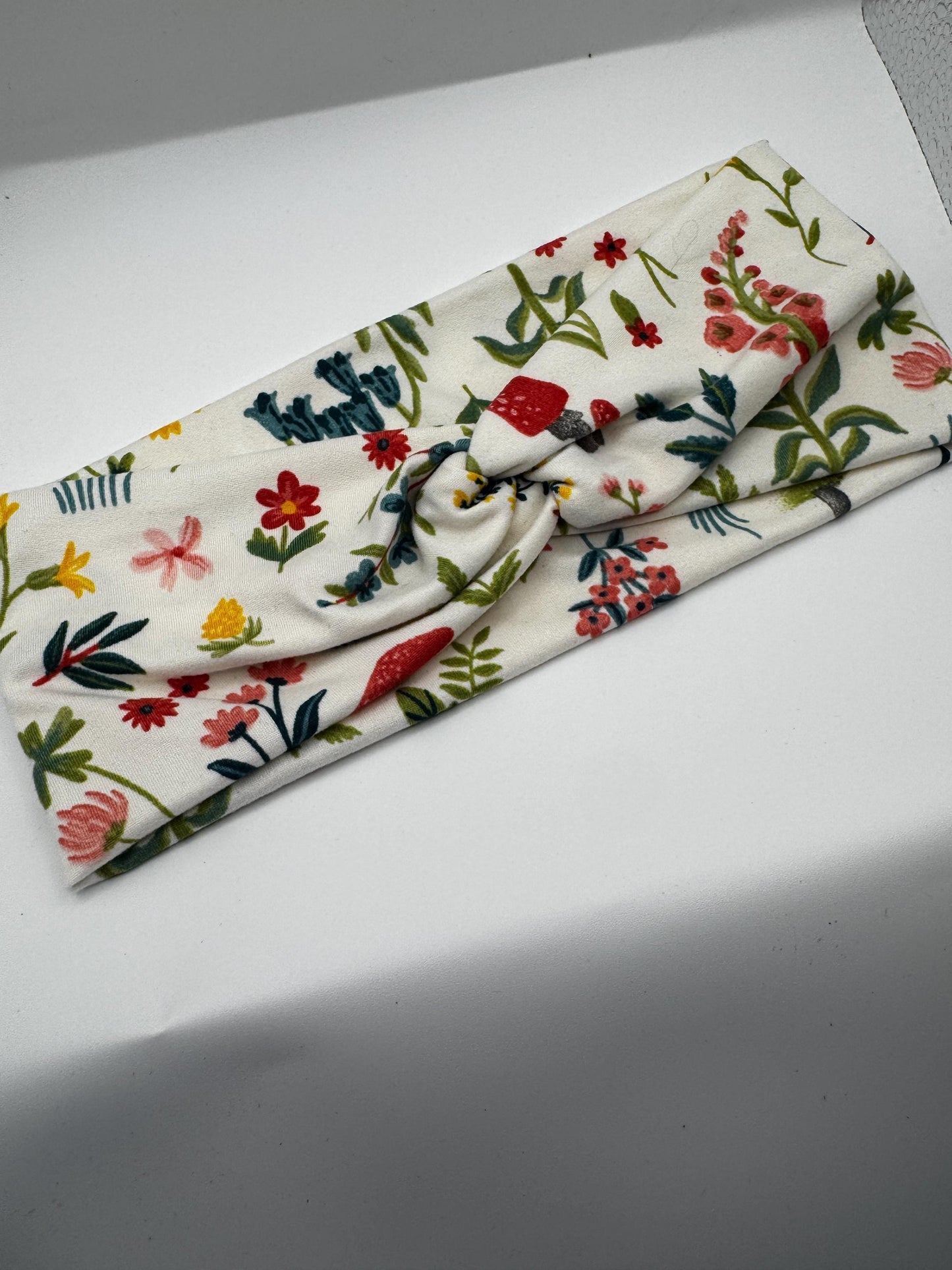White Floral Mushroom Botanical Plant Print Twist Headband | Soft Headband | Hair Wrap | Headband for Women and Girls