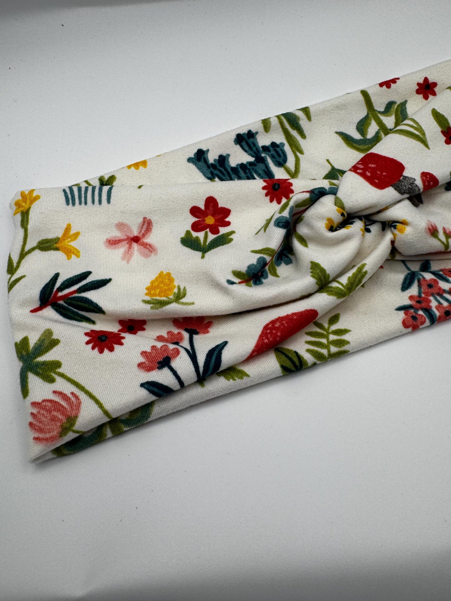White Floral Mushroom Botanical Plant Print Twist Headband | Soft Headband | Hair Wrap | Headband for Women and Girls