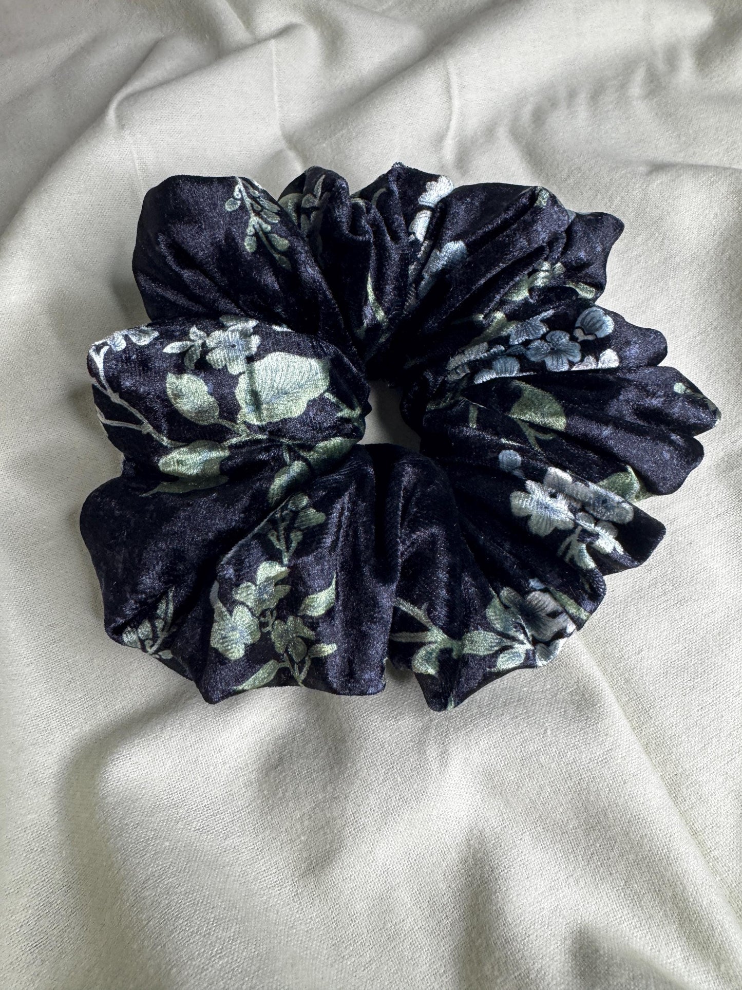 Black and Blue Floral Velvet Oversized Jumbo XL Scrunchie | Bridal Gift | Bridesmaid Gift | Gifts for Her