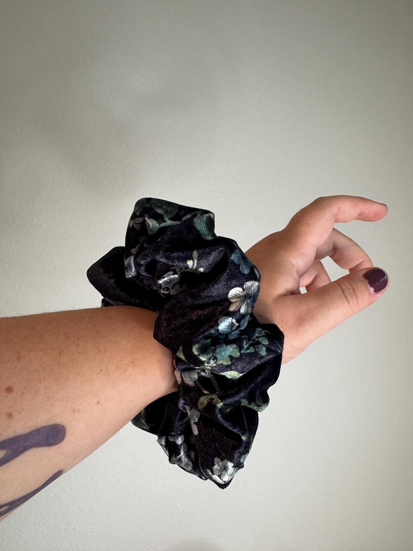 Black and Blue Floral Velvet Oversized Jumbo XL Scrunchie | Bridal Gift | Bridesmaid Gift | Gifts for Her
