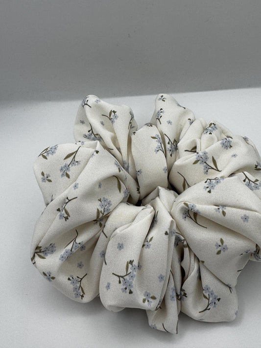 Cream White and Blue Flower Coquette Cottagecore Satin Scrunchie | Bridal Gift | Bridesmaid Gift | Gifts for Her