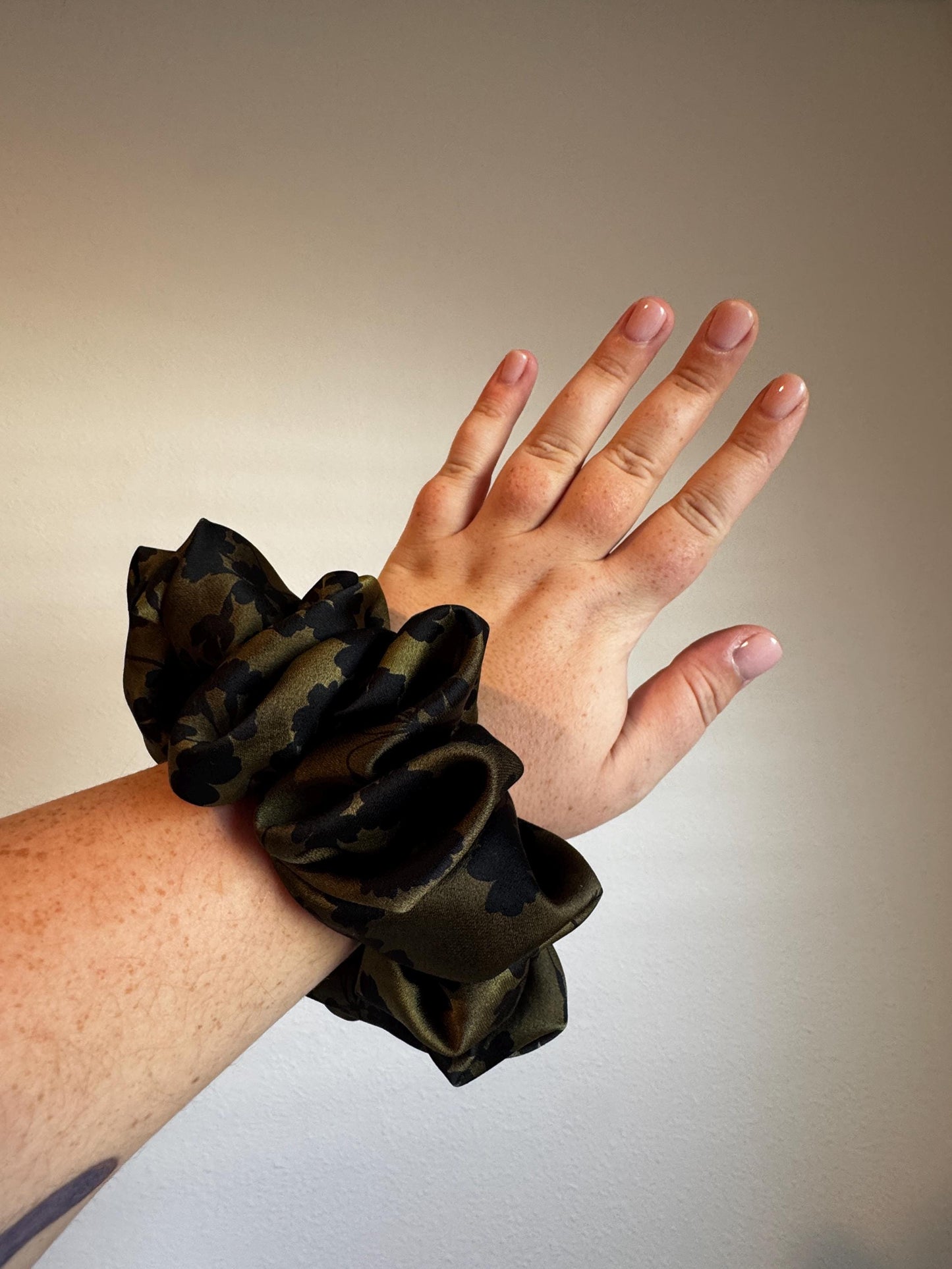 Green and Black Botanical Floral Oversized Jumbo XL Satin Scrunchie | Bridal Gifts | Bridesmaid Gift | Gifts for Her