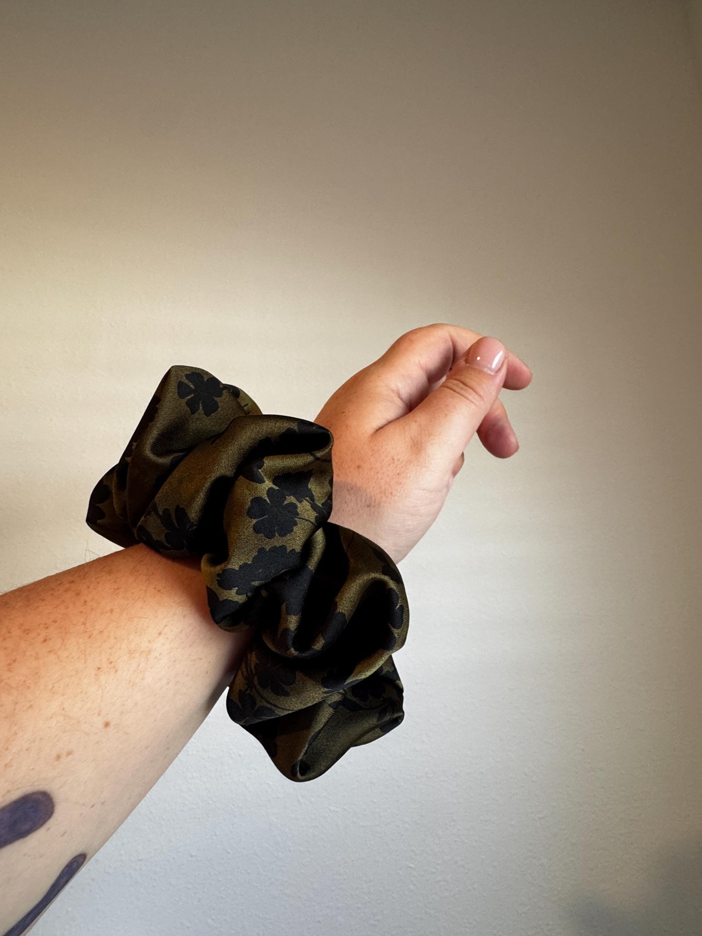 Green and Black Botanical Floral Oversized Jumbo XL Satin Scrunchie | Bridal Gifts | Bridesmaid Gift | Gifts for Her