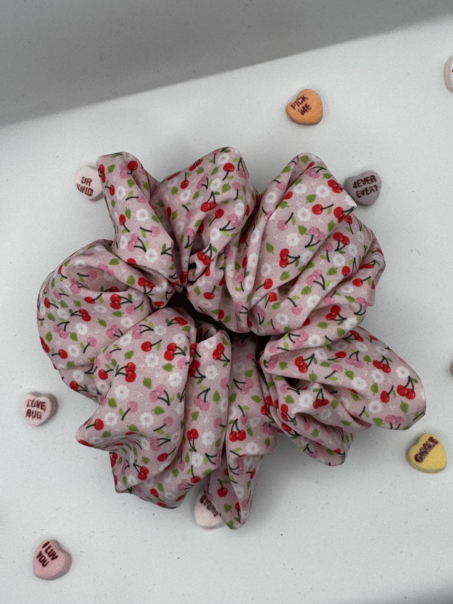 Pink and Red Valentine Cherry Oversized Jumbo XL Satin Scrunchie | Bridal Gifts | Bridesmaid Gift | Gifts for Her