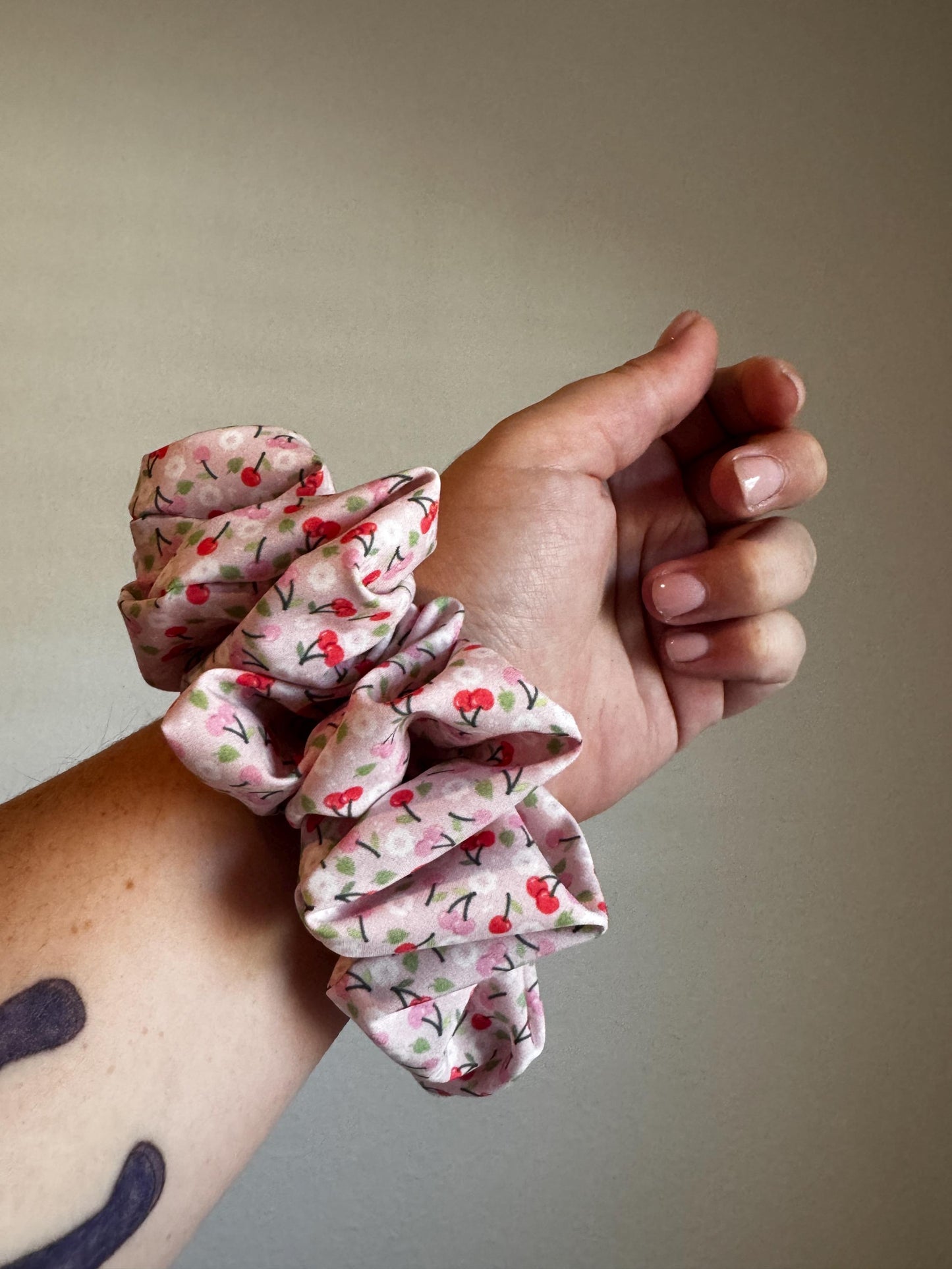 Pink and Red Valentine Cherry Oversized Jumbo XL Satin Scrunchie | Bridal Gifts | Bridesmaid Gift | Gifts for Her