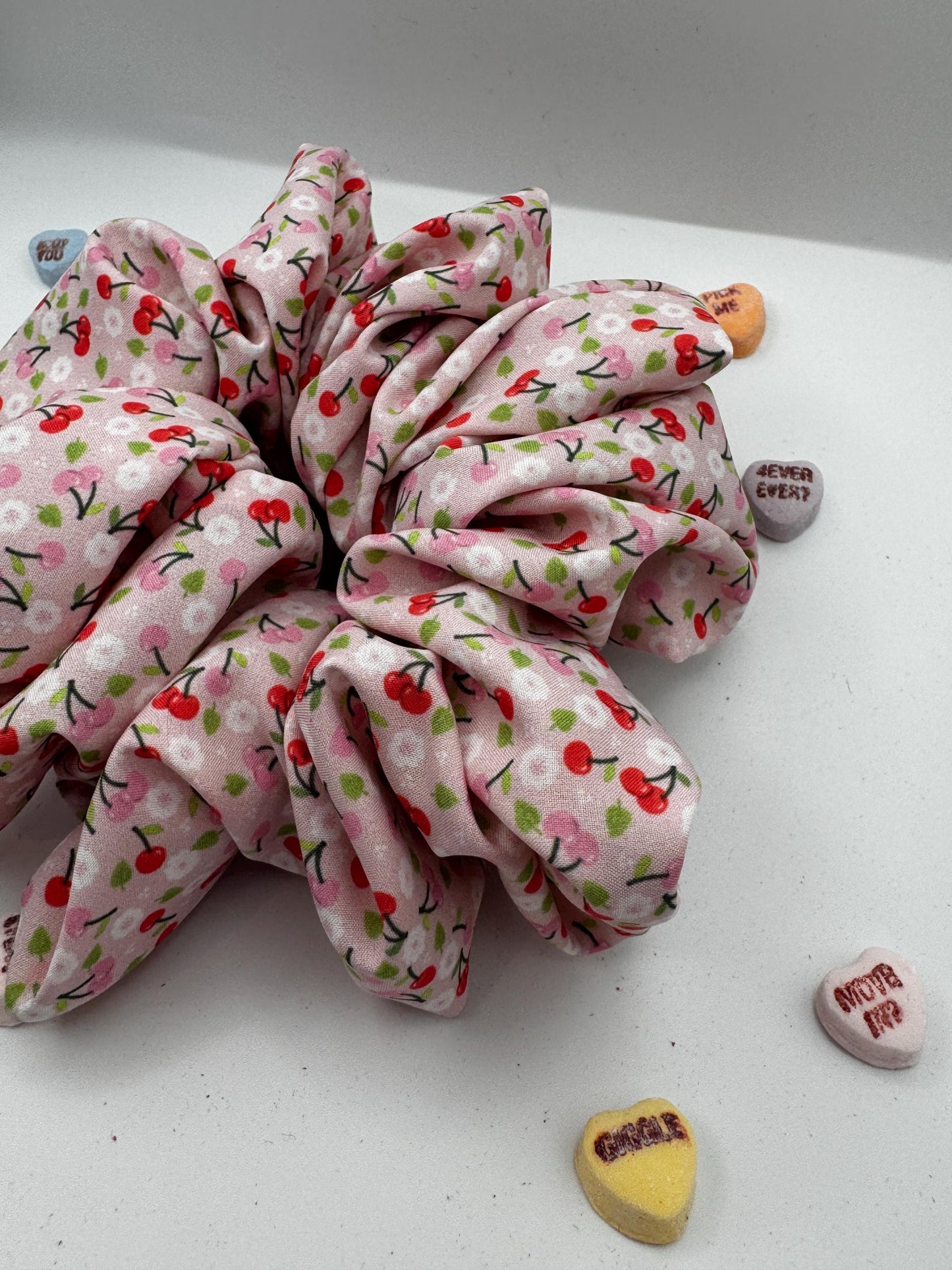 Pink and Red Valentine Cherry Oversized Jumbo XL Satin Scrunchie | Bridal Gifts | Bridesmaid Gift | Gifts for Her