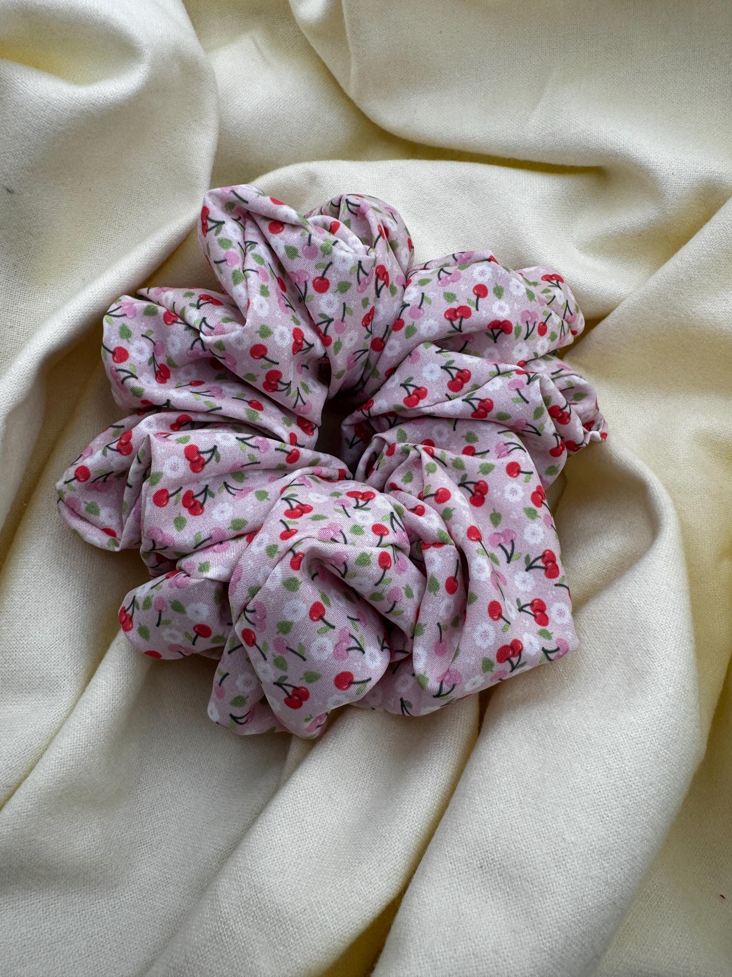 Pink and Red Valentine Cherry Oversized Jumbo XL Satin Scrunchie | Bridal Gifts | Bridesmaid Gift | Gifts for Her
