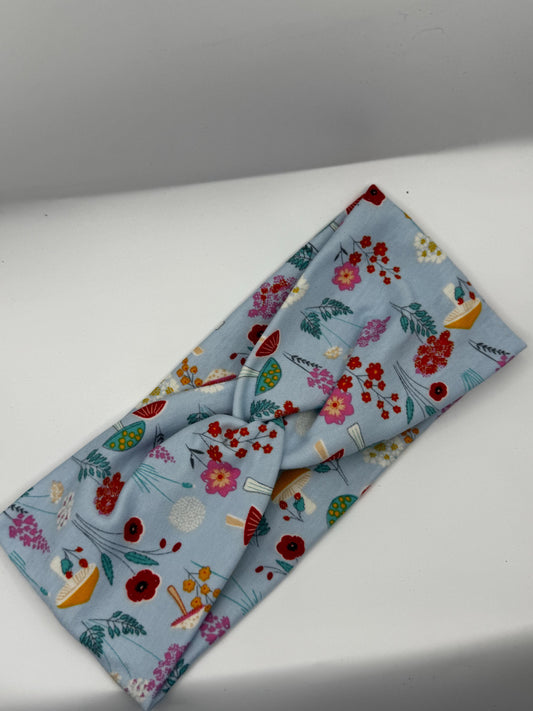 Blue Mushroom Botanical Plant Print Twist Headband | Soft Headband | Hair Wrap | Headband for Women and Girls