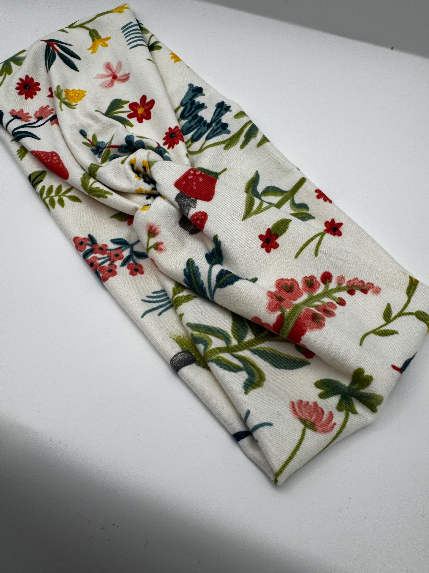 White Floral Mushroom Botanical Plant Print Twist Headband | Soft Headband | Hair Wrap | Headband for Women and Girls