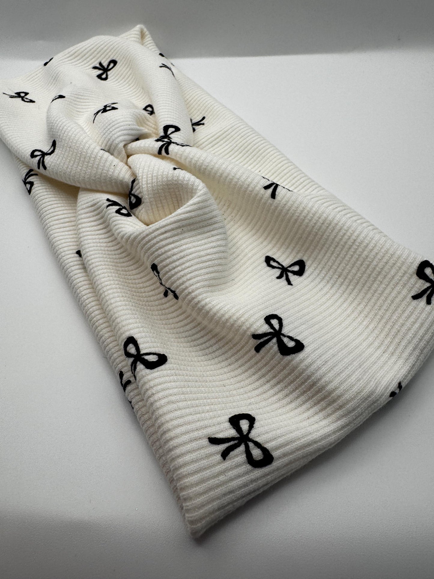 White and Black Bow Ribbed Print Twist Headband | Soft Headband | Hair Wrap | Headband for Women and Girls