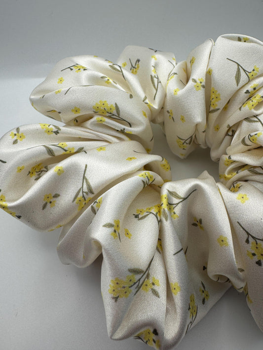 Cream White and Yellow Flower Coquette Cottagecore Satin Scrunchie | Bridal Gift | Bridesmaid Gift | Gifts for Her