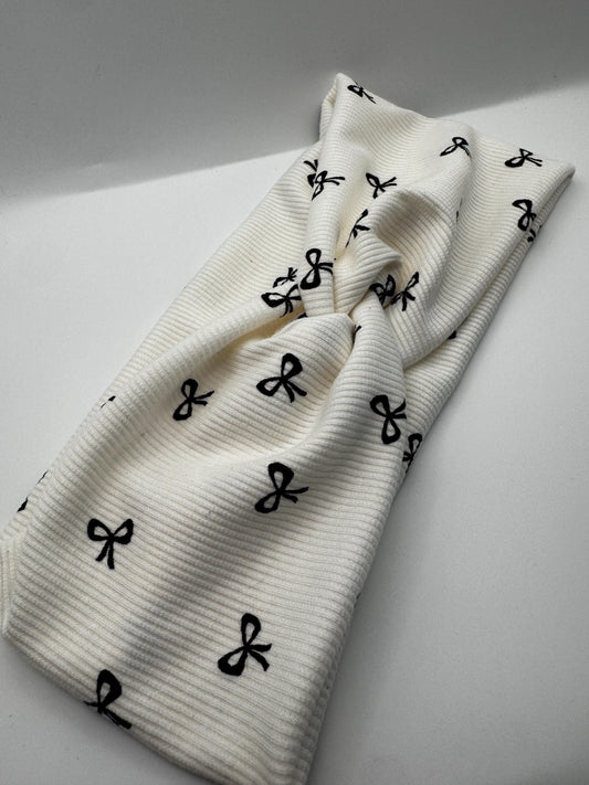 White and Black Bow Ribbed Print Twist Headband | Soft Headband | Hair Wrap | Headband for Women and Girls