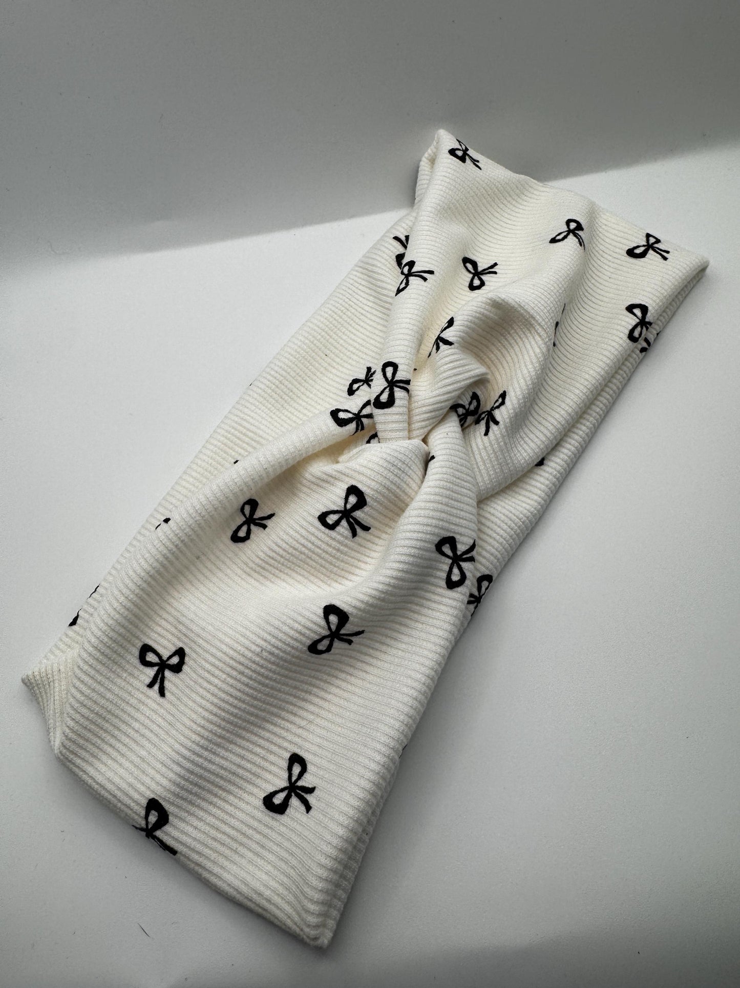 White and Black Bow Ribbed Print Twist Headband | Soft Headband | Hair Wrap | Headband for Women and Girls