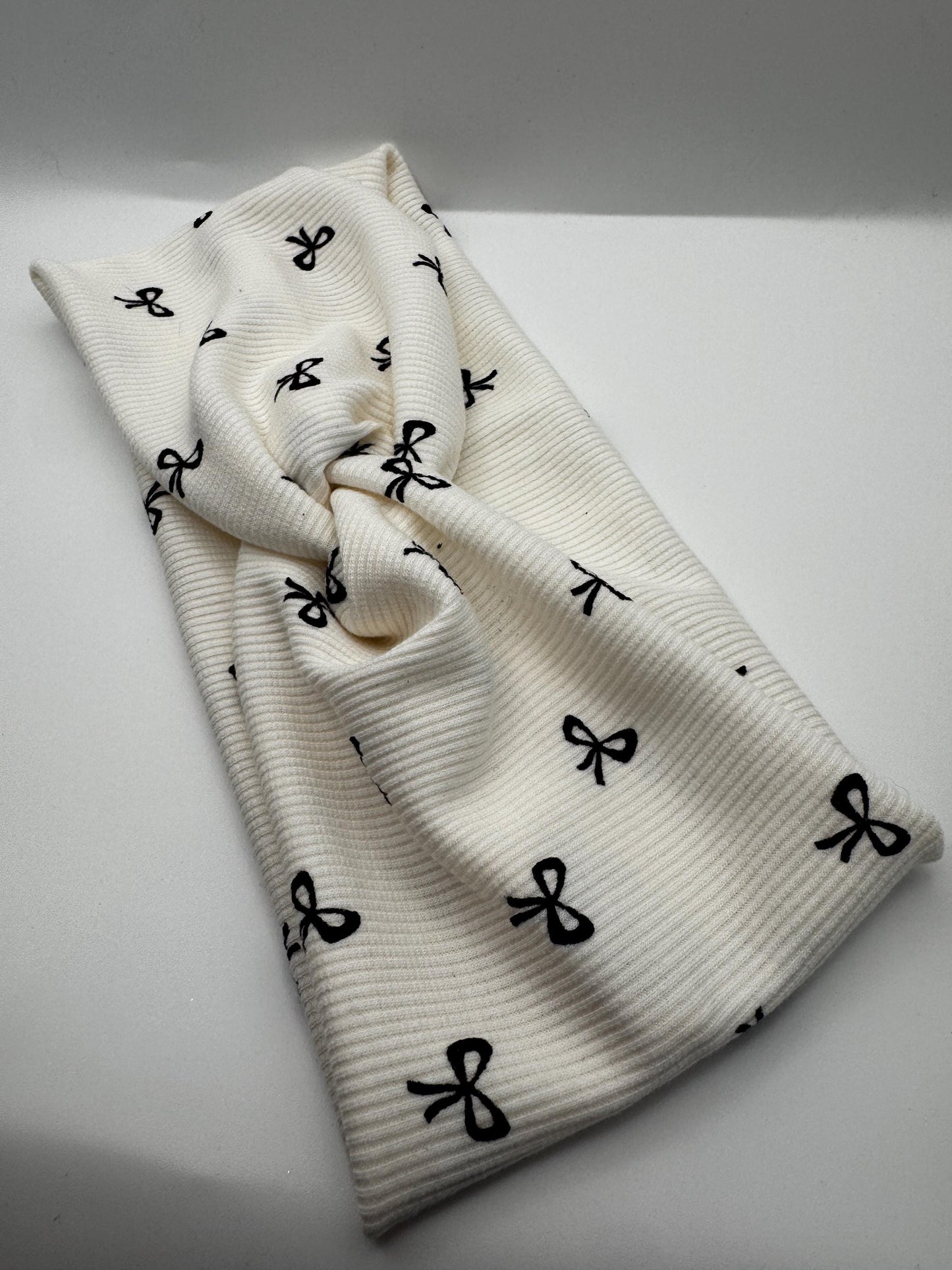 White and Black Bow Ribbed Print Twist Headband | Soft Headband | Hair Wrap | Headband for Women and Girls