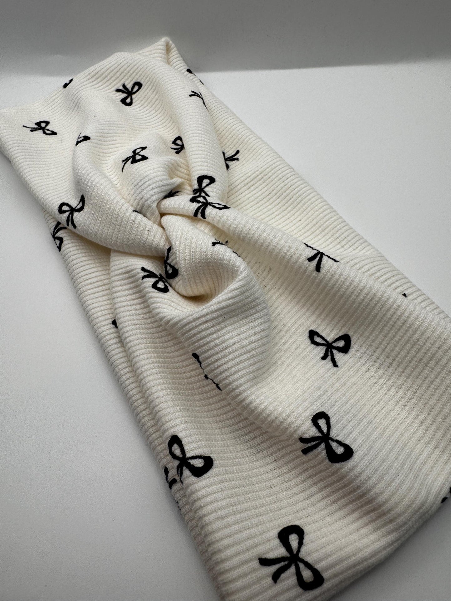 White and Black Bow Ribbed Print Twist Headband | Soft Headband | Hair Wrap | Headband for Women and Girls