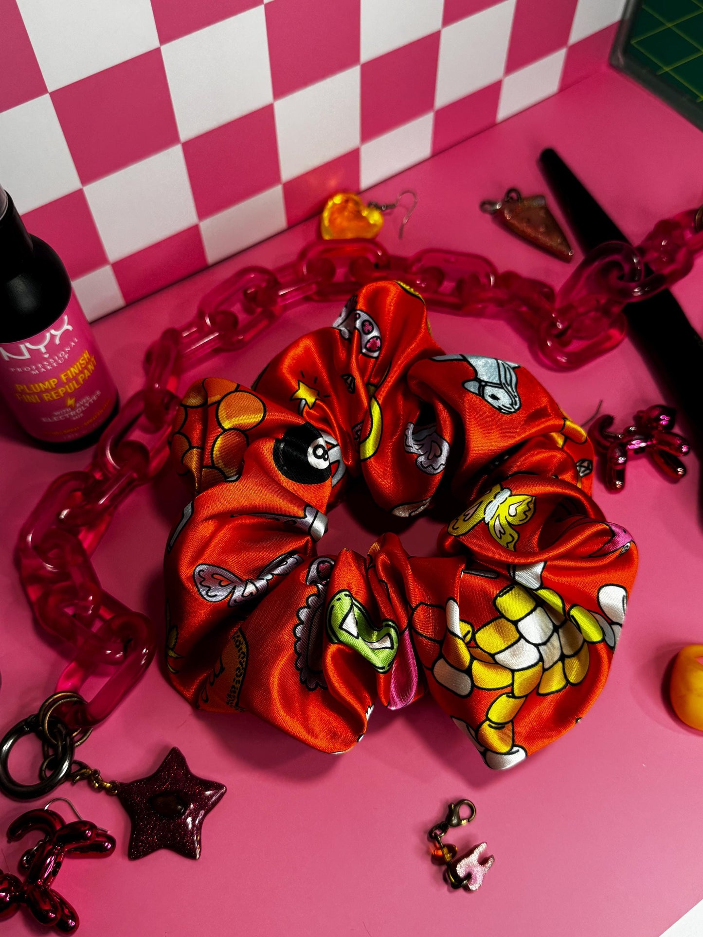Red Charm Bead Pattern by The Peach Fuzz Oversized Jumbo XL Satin Scrunchie | Bridal Gift | Bridesmaid Gift | Gifts for Her