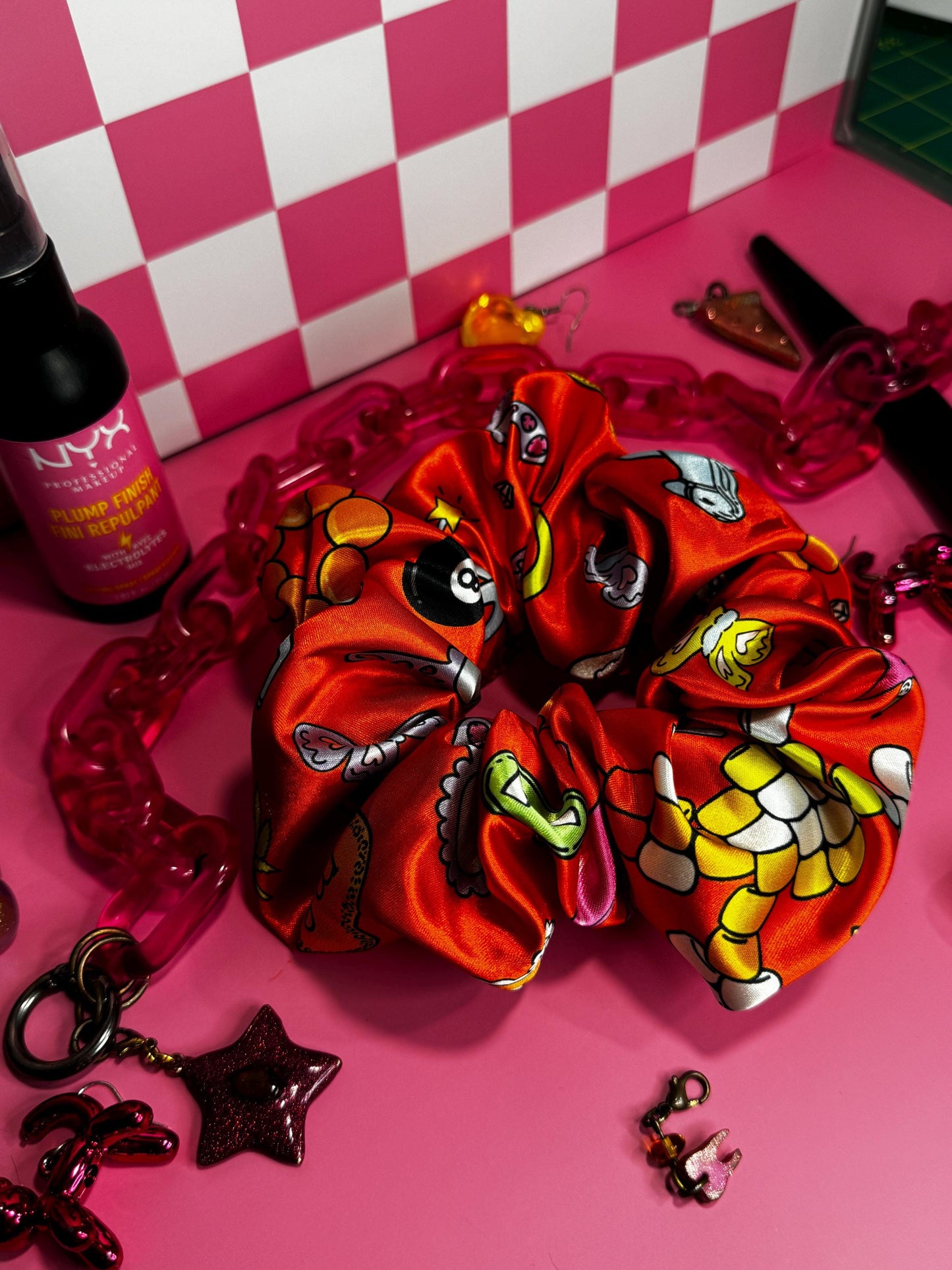Red Charm Bead Pattern by The Peach Fuzz Oversized Jumbo XL Satin Scrunchie | Bridal Gift | Bridesmaid Gift | Gifts for Her