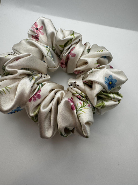 Floral Cream White Coquette Cottagecore Medium Size Satin Scrunchie | Bridal Gift | Bridesmaid Gift | Gifts for Her