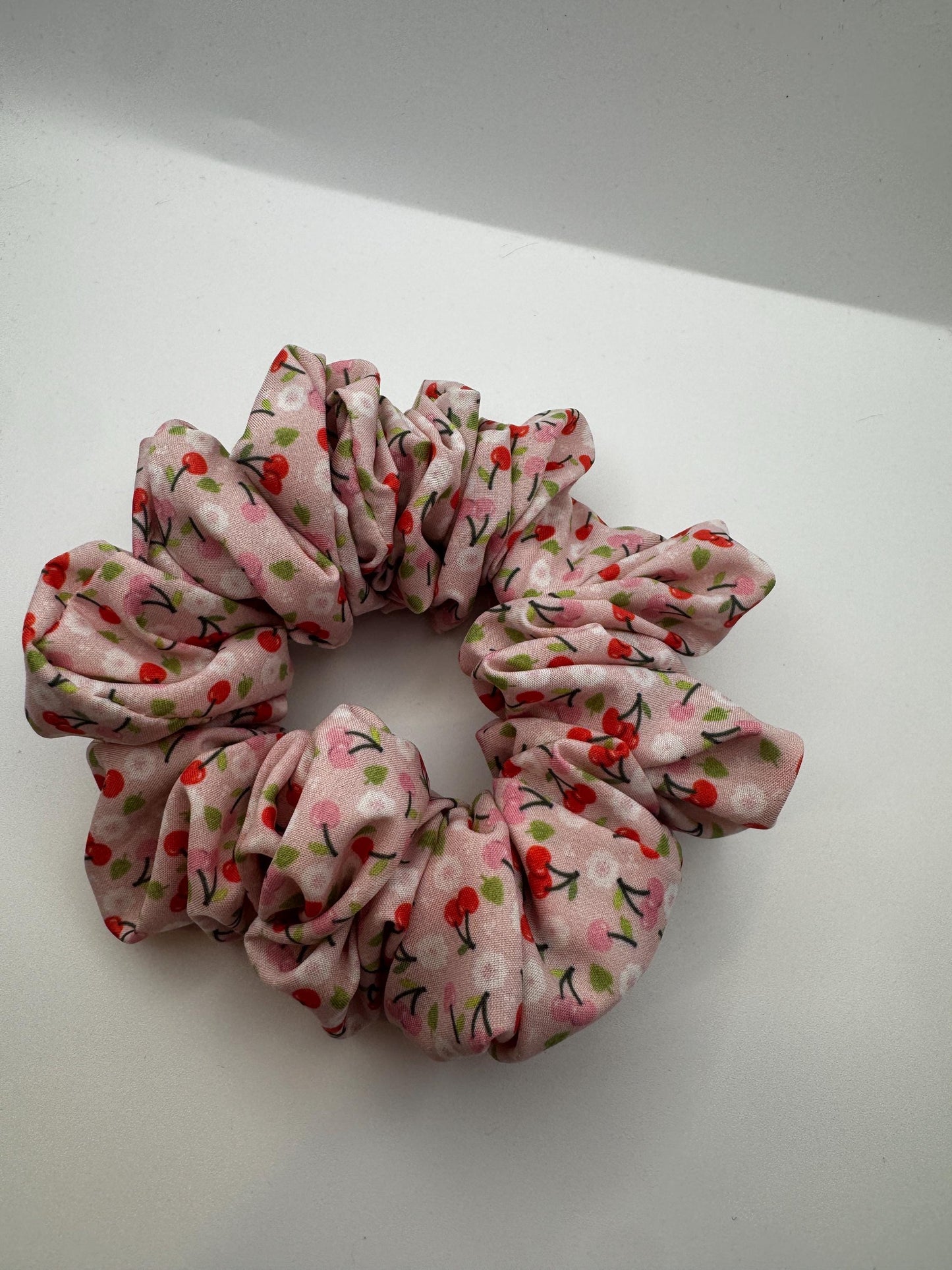 Pink and Red Cherry Medium Size Satin Scrunchie | Bridal Gifts | Bridesmaid Gift | Gifts for Her