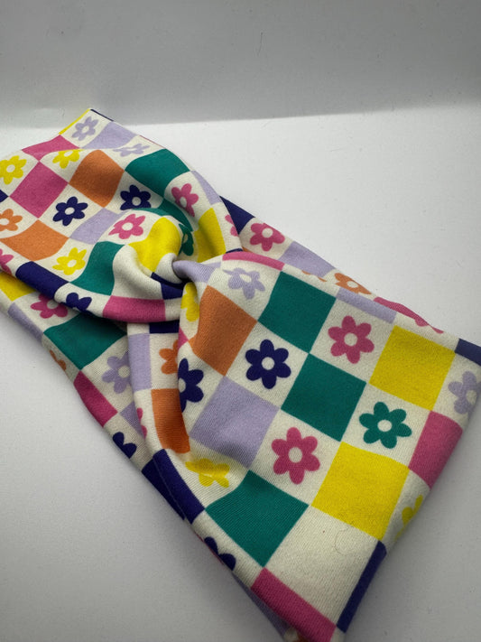 Retro Floral Checkerboard Twist Headband | Soft Headband | Hair Wrap | Headband for Women and Girls